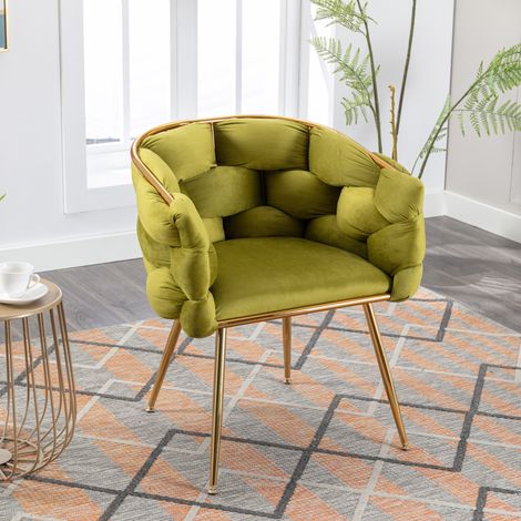 Fauteuil d’appoint moderne en velours, chaise coiffeuse avec accoudoirs et pieds en métal doré, vert