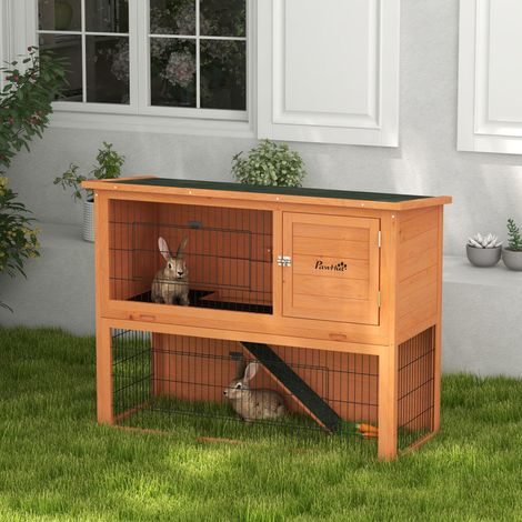 Clapier à lapin en bois 2 étages avec 3 portes plateau coulissant rampe toit bitumé 120 x 50 x 92 cm orange