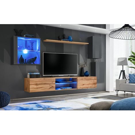 Ensemble meuble TV mural Switch XXIII - L 250 x P 40 x H 140 cm - Marron et gris - Livraison gratuite