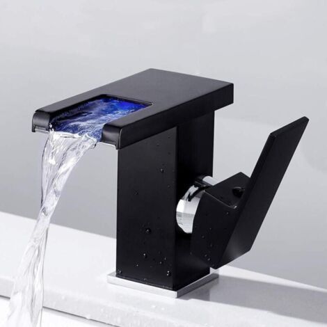 Robinet de salle de bain LED noir de style cascade, robinet d'eau chaude et froide pour lavabo (1/4)