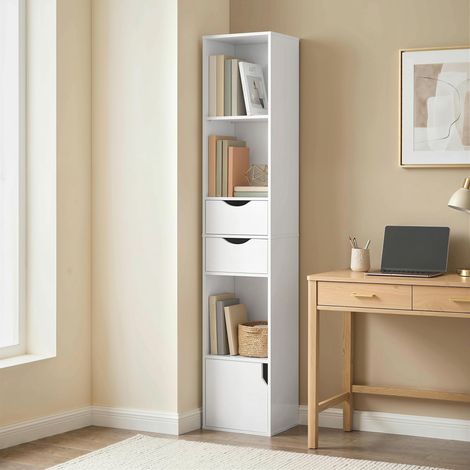 Bibliothèque avec étagère de rangement, porte, 2 tiroirs, compartiments ouverts et étagère réglable, 30 x 24 x 158 cm, blanche (1/5)