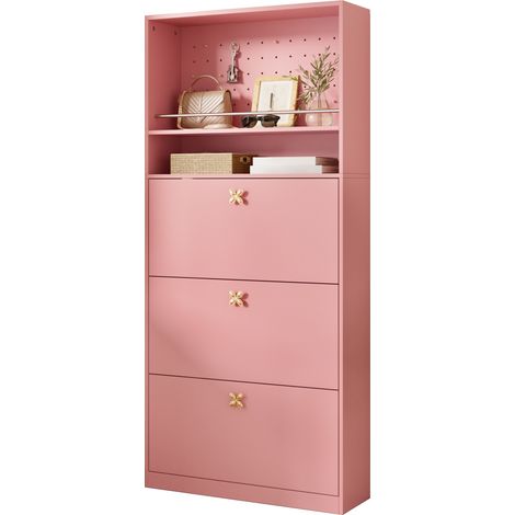 Meuble à chaussures étroit avec 3 abattants, 2 niches ouvertes, compartiment haut et poignées décoratives dorées, rose, 80 x 24 x 178,5 cm  CHICFURN (1/5)