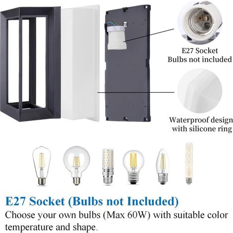 E27 Wandleuchte für Innen und Außen, max. 60 W, moderne, wasserdichte IP65-Wandleuchte, Wandbeleuchtung für Terrasse, Flur, Eingangsbereich, PC + Aluminium, Leuchtmittel nicht enthalten, Anthrazit (1/4)