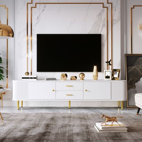 Meuble TV 170 x 34 x 45cm avec tiroirs 2 portes bords arrondis côtés ondulés poignées et pieds dorés pour salon élégant blanc et or (1/4)