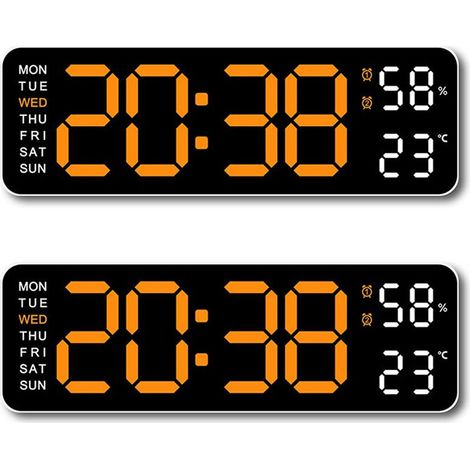 Reloj de pared digital 2X con indicador de temperatura y humedad, día de la semana, despertador de mesa electrónico LED, formato 12/24 horas, color naranja. (1/4)