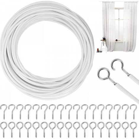 10M Cable Rideau, avec 25 Pièces Boulons à Oeil 25 Pièces Crochets à Visser, pour Suspendre des Rideaux, Rideaux de Douche (1/5)