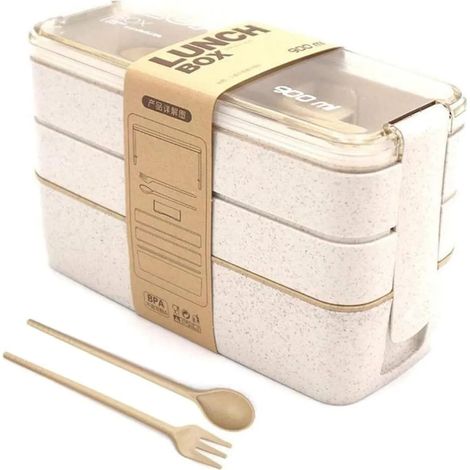 Caja para almuerzo Caja bento para niños y adultos con 3 compartimentos a prueba de fugas Compatible con microondas Hecha de paja de trigo Biodegradable Sin plástico (Beige) (1/4)