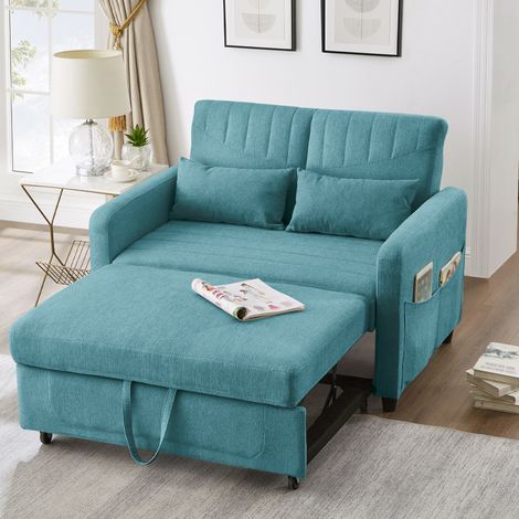 Sofá cama de 2 plazas, convertible en cama, respaldo ajustable, tejido de lino y algodón, espuma azul verde antiguo (1/5)