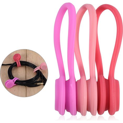 Lot de 3 enrouleurs magnétiques en silicone pour écouteurs, range-câbles et organisateurs de fils, or rose, rouge et rose. (1/5)