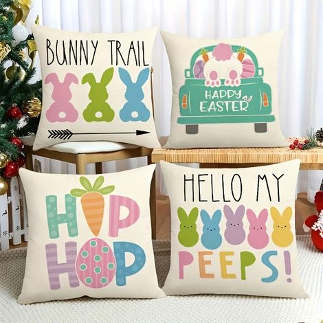 Housses de Coussin Joyeuses Pâques Oeuf Lapin Dessin animé décoratif décoration d'intérieur pour canapé Chambre à Coucher Bureau 4 pcs (1/5)