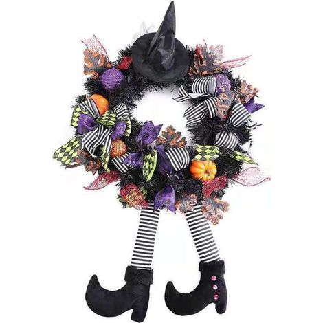 Couronne D'halloween Veille,Chapeau De Sorcière Et Ornements De Citrouille,Décoration De Lumières D'halloween Pour Porte D'entrée,Décoration Murale,Fête