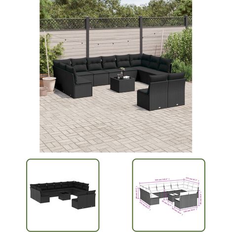 The Living Store 13-tlg. Garten-Sofagarnitur mit Kissen Schwarz Poly Rattan - Gartengestelle - Gartenmöbelset - Rattan Möbel - Gartenlounge - Esstisch Set (1/3)