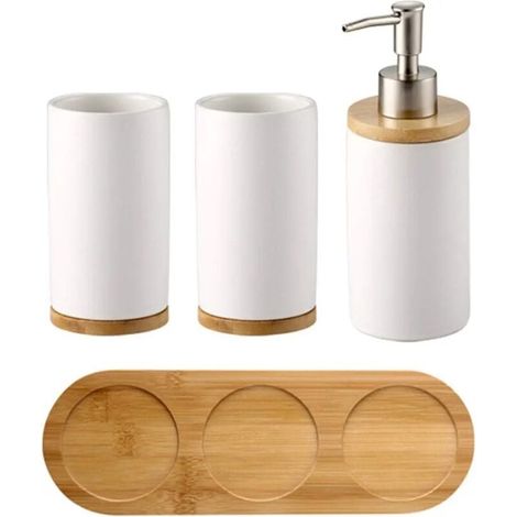 Lot de 4 Ensemble d'accessoires de Salle de Bain en céramique, Porte-Brosse à Dents, Distributeur de Savon, Gobelet, Plateau en Bambou(Blanche)-LIAIKI (1/5)