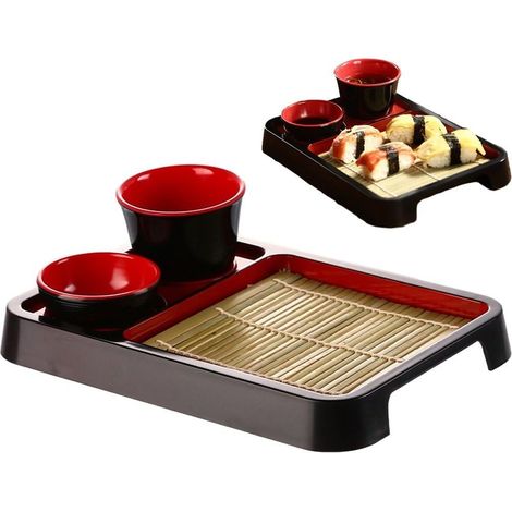 Assiettes À Nouilles Soba Japonaises avec Tapis De Drainage Aspect Bambou, Plateaux De Service À Sushi Laqués avec Petit Plat À Sauce, Assiette Sashimi (1/5)
