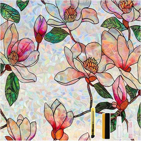 3D-Regenbogen-Sichtschutzfolie, blickdichte, statisch haftende Fensterfolie, Dekorfolie für Schlafzimmer, Büro, Küche, Magnolia 90 x 400 cm (1/5)