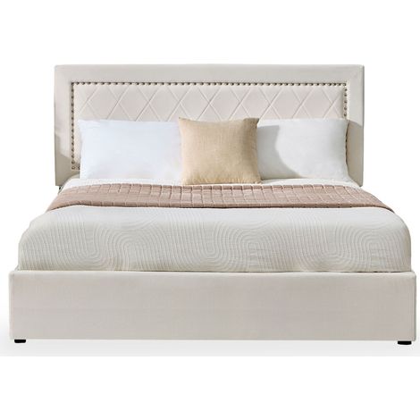 Lit coffre Sandiego avec sommier relevable 160x200cm et tête de lit cloutée Velours Beige clair