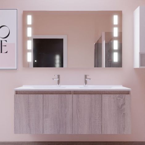 Cuisibane – Meuble double vasque suspendu 140 cm – Plan en résine avec trop plein – 4 portes battantes – Miroir LED intégré – Éclairage 1000 lumens (1/5)