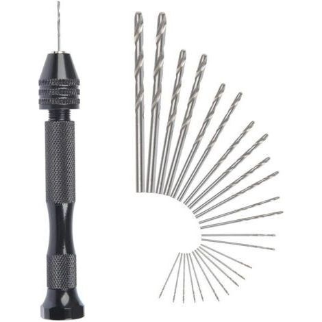 MIni perceuse à main Twist Drill Bits +25 micro forets hélicoïdaux sans fil en Aluminium Pin Vise Outils Rotatifs forets hélicoïdaux adjustable Pyrogravure Maison plastique trou cuivre (1/4)
