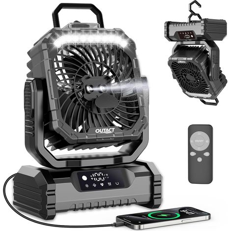 Ventilateur Camping Silencieux avec Lumière, Ventilateur Sans Fil Portable, Mist Fan Batterie Rechargeable 20000mAh avec Rotation et Minuterie, Crochet de Suspension pour Car Extérieur Bureau - Noir (1/5)