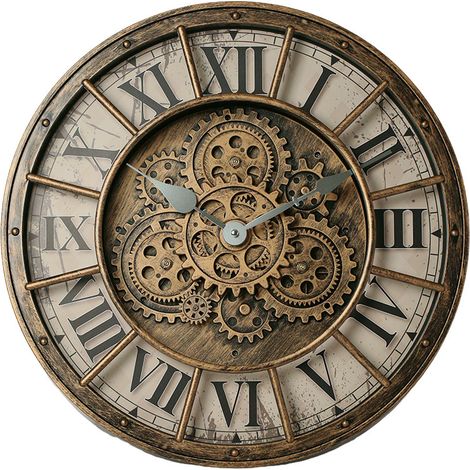 Horloge murale à engrenages vintage industriel – Diamètre 45 cm – Métal et bois – Style rustique ferme pour décoration intérieure