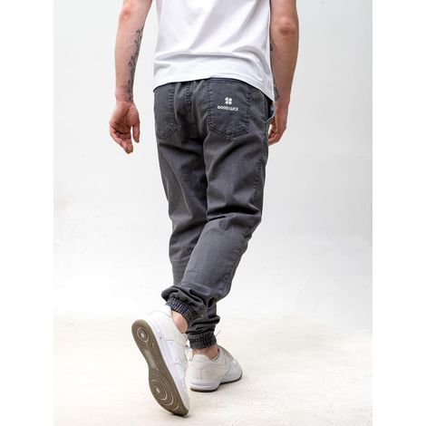 Jeans da jogging da uomo grigi con coulisse, modello Good Luck Name. (1/5)