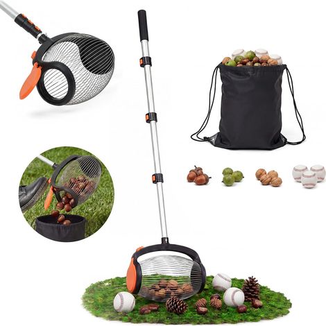 Raccoglitore di noci con manico (40-110 cm), apertura laterale con pedale, raccoglitore di ghiande, raccoglitore di noci, raccoglitore di frutta, alluminio, rullo per noci, per oggetti da 2,5 cm a 6 c (1/5)