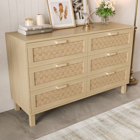 Comò in truciolare naturale 120x40x75 cm, 6 cassetti, frontali effetto rattan
