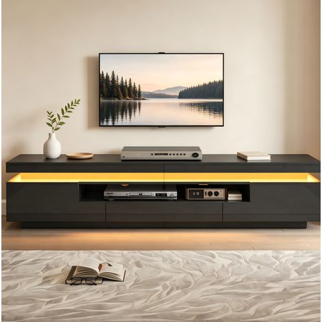 Meuble TV noir brillant 175 cm– Éclairage LED intégré variable– 2 portes et 1 tiroir –Style moderne pour salon et chambre (1/5)