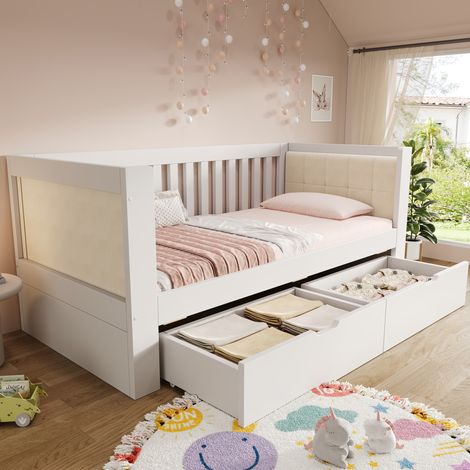 MEUBLIV Cama 90x190 cm blanca con 2 cajones, respaldo y apoyabrazos, sin colchón (1/5)