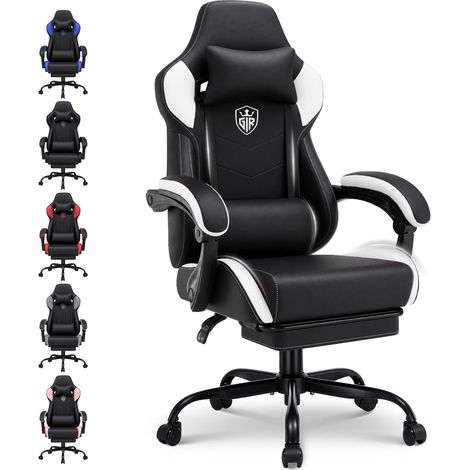 Chaise Gaming Ergonomique avec Repose-Pieds, Accoudoirs Liés, Hauteur Réglable, Dossier Haut, Assise Large, 150kg -Blanc (1/5)