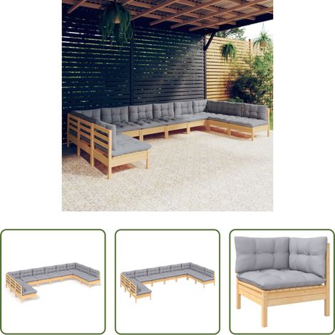 Terrassensofa - 10-tlg. Garten-Lounge-Set mit Grauen Kissen Kiefer Massivholz (1/5)
