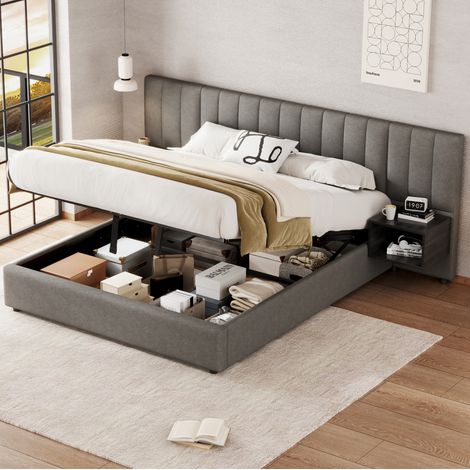 Lit capitonné 160x200 cm en lin gris et noir avec coffre de rangement et 2 chevets (1/5)