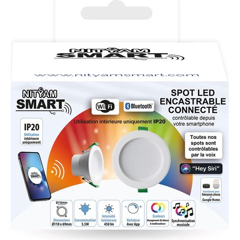 Spot LED connecté Wi-Fi encastrable rond 5W 400 Lumens - Couleur d'éclairage Multicouleurs (RGB) + Changement de blancs (CCT) (1/2)