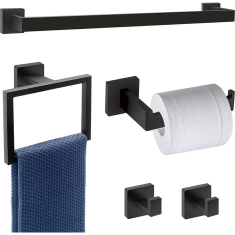 Ensemble de 5 accessoires de salle de bain noir mat, comprenant une barre porte-serviettes murale en acier inoxydable SUS304, un porte-serviettes de 61 cm, un porte-papier toilette, un anneau porte-se (1/5)