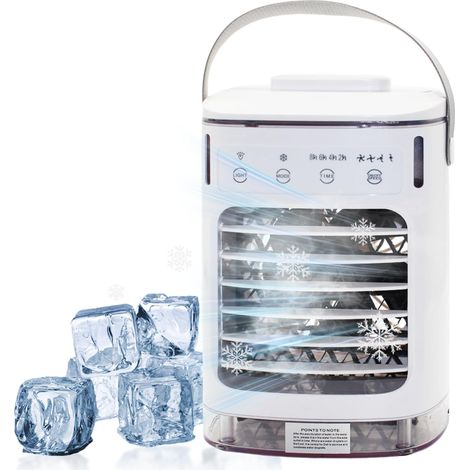 Mini climatiseur portable, 4 vitesses de ventilation et éclairage LED 7 couleurs, grand réservoir d'eau, jusqu'à 2 heures d'autonomie, alimentation USB et silencieux (1/5)