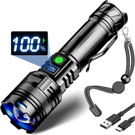 Lampes de poche Lumens élevés, lampe de poche LED rechargeable super lumineuse 100000 Lumen lampe de poche puissante avec clip et 5 modes, lampe flash portable imperméable (1/5)