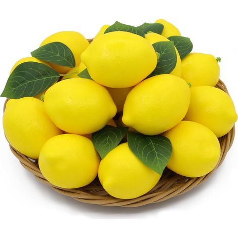 Lot de 13 citrons artificiels réalistes en plastique avec 8 feuilles - Pour la maison, la cuisine, la table, les bols, la photographie - Guirlande de citrons (jaune) (1/5)