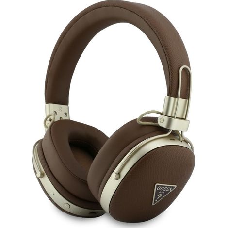 Auriculares supraaurales Bluetooth ENC de Guess con logotipo triangular de metal texturizado en color marrón. (1/4)