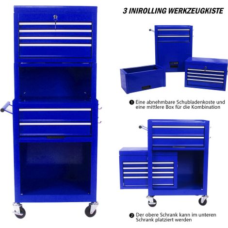 Servante d'atelier mobile sur roues : caisson à outils roulant à 6 niveaux avec 4 roulettes pivotantes – unité de rangement d'outils 2-en-1 amovible pour garages, ateliers et centres de réparation (bl (1/5)