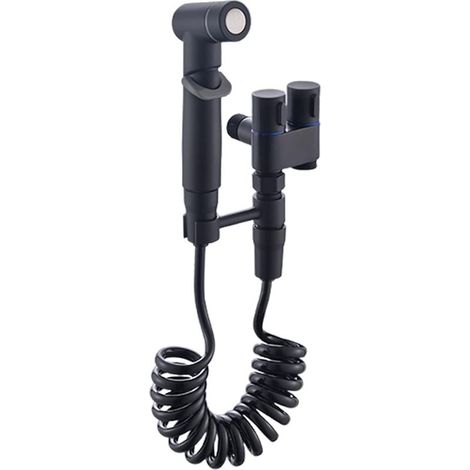 Kit de douchette de bidet noir mat, ensemble complet avec robinet double sortie, tuyau élastique 2m et support, pulvérisation réglable, installation facile pour toilette (1/5)