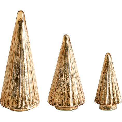Lot de 3 Figurines Décoratives de Sapins de Noël en Verre Faites à la Main Tailles Différentes Dorées Oyeren (1/5)