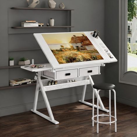 Table à dessin ajustable blanche avec 2 tiroirs et tabouret (1/5)