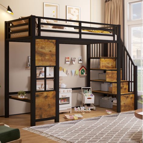 Kinder-Hochbett 90x200 cm aus Metall und MDF, schwarz, platzsparend, ohne Matratze – MEUBLIV (1/5)