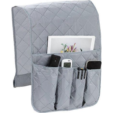 Sac de rangement pour accoudoir de canapé avec plusieurs poches, idéal pour ranger les télécommandes et les magazines, gris. (1/5)
