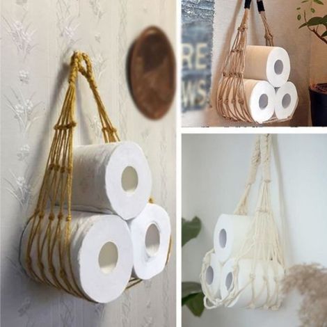 Porte-Papier Toilette - Corde Coton Tissée Main - Bâtons Bois Naturel - Pour Salle De Bain Cuisine Buanderie - 1 Pièce (1/3)