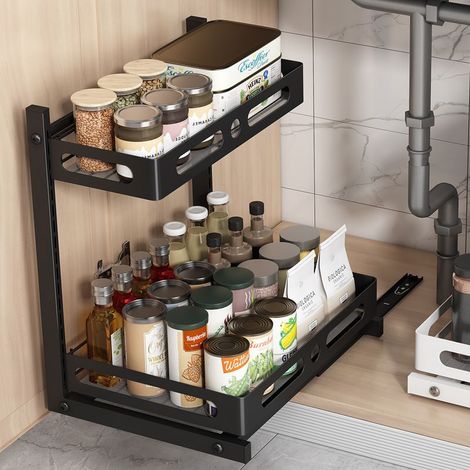 Rangement sous Évier Cuisine, Étagère sous Évier de Cuisine à 2 Niveaux, Rangement Epices Cuisine, Organisateur de Tiroir Coulissant pour Cuisine/Salle de Bain, Hauteur Réglable, Noir (1/5)