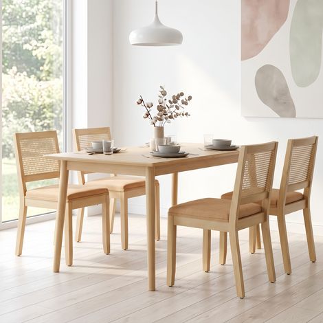 Lot de 4 Chaises Bois Massif et Cannage Natural - Chaise rétro mid-century - Chaise de Cuisine Confortable avec Ressorts (1/5)