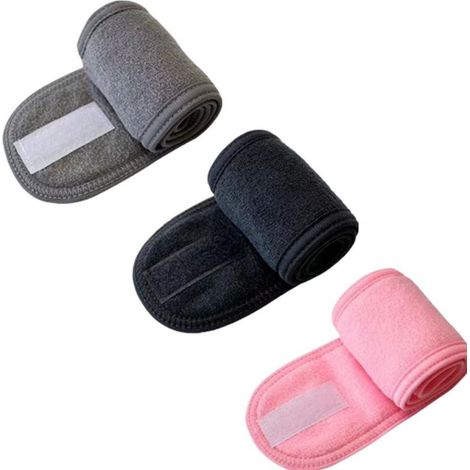 Bandana Cheveux - Microfibre Éponge Douce - Réglable Velcro - Pour Bain Maquillage Sport - 3 Pièces (Gris Noir Rose)