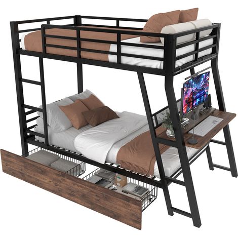 Lit mezzanine 90x200 cm en métal noir avec LED, bureau, tiroirs, garde-corps et escalier, sans matelas, gain de place - CHICFURN (1/5)