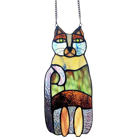 panel de vidriera, gato, vidrio de color, técnica de lámina de cobre, decoración de ventana de pared (1/5)